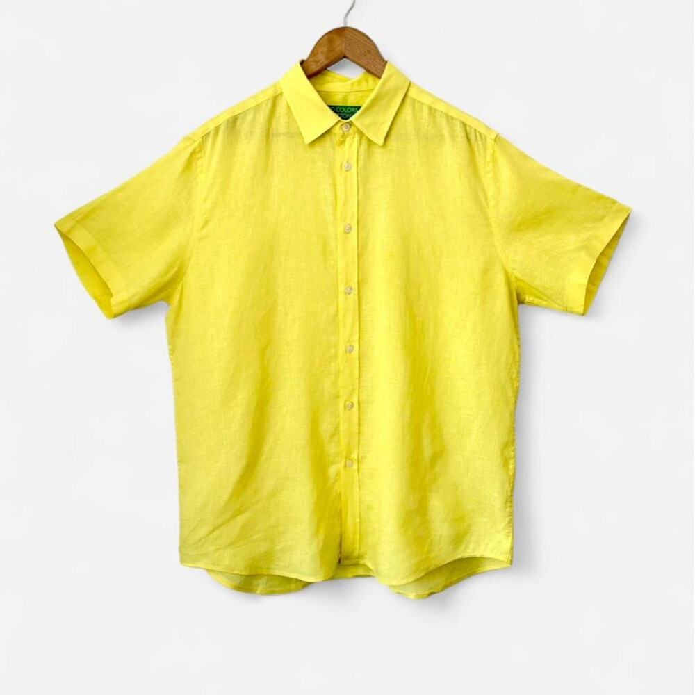 United Colors of Benetton Neon Yellow Linen Button Up Mens Size XL